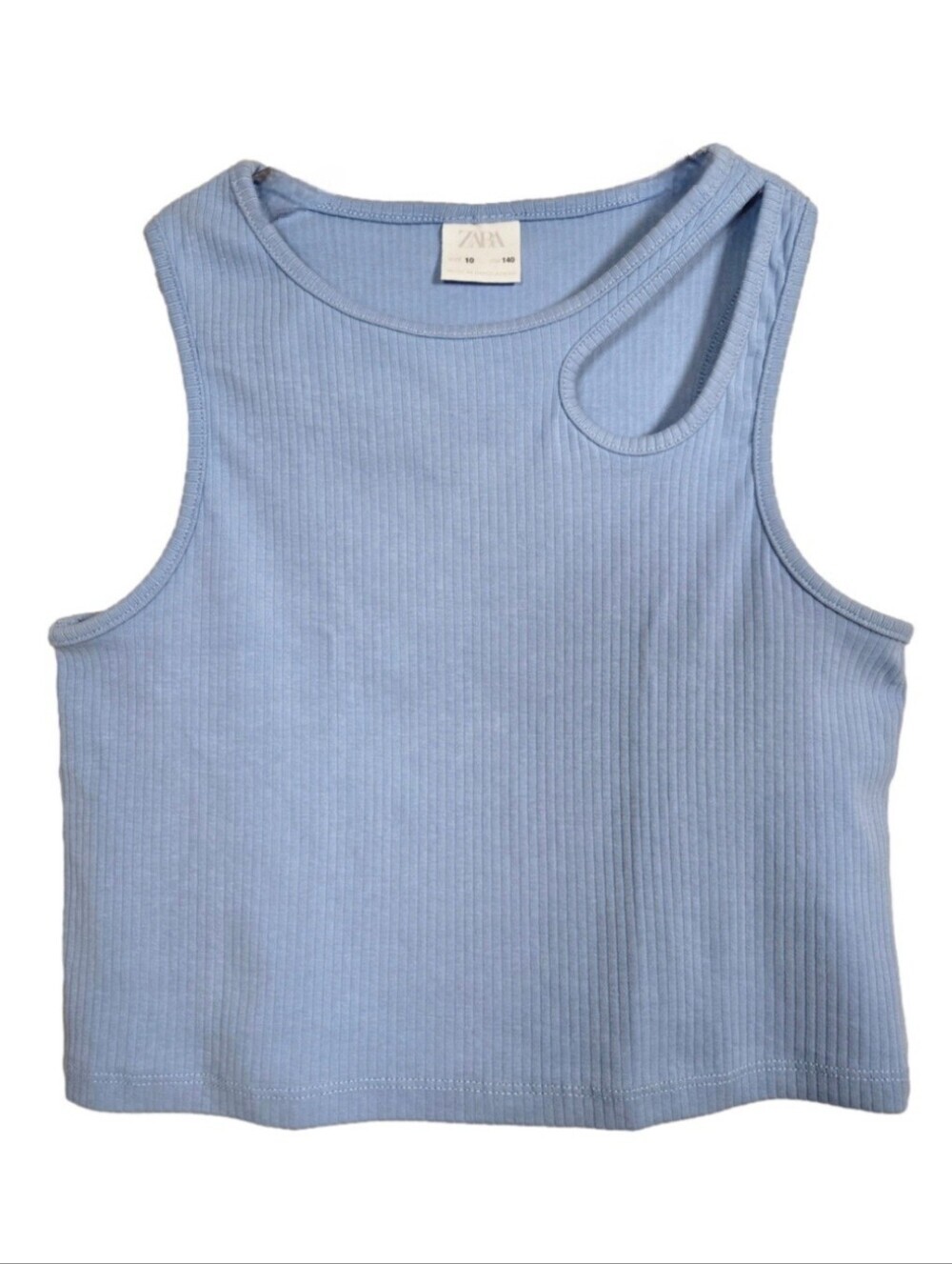 🌸 Zara Girls Light Blue Cropped Ribbed Cutout Tank Top, Size 10 ~ EUC